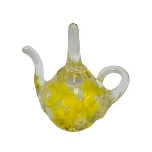 JOE ST CLAIR GLASS TEA POT RING HOLDER PAPERWEIGHT vanity jewelry gift yellow